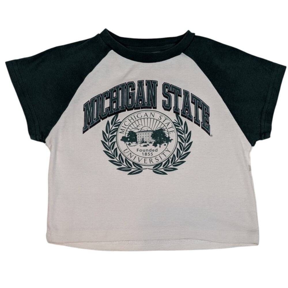 Y2K Michigan State Raglan Baby Tee Green Cream Collegiate